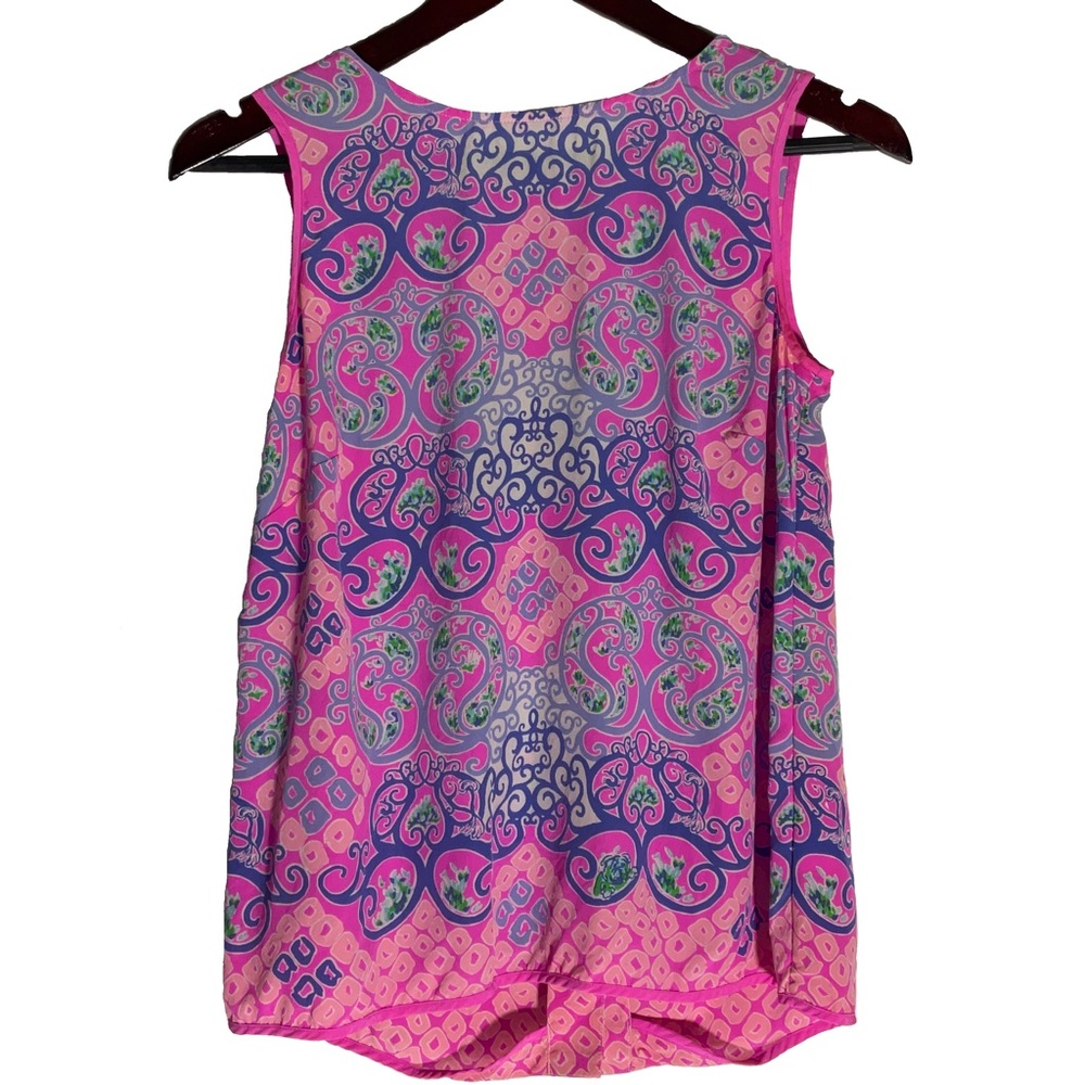 Lily Pulitzer Behind the Gates Iona Shell Top Silk Button Back Pink Purple Sz XS